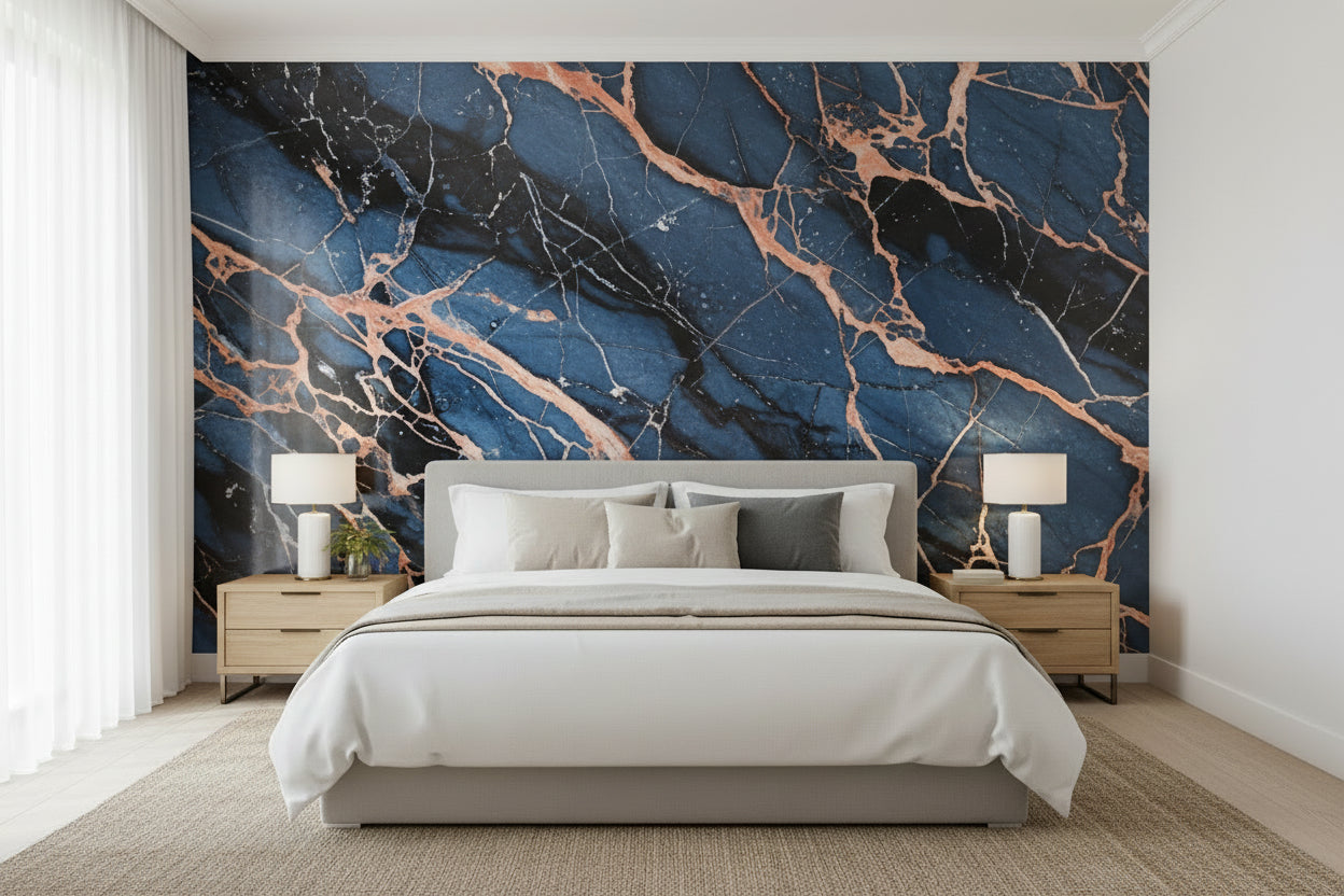 Abstract art with blue and brown lines on a dark background