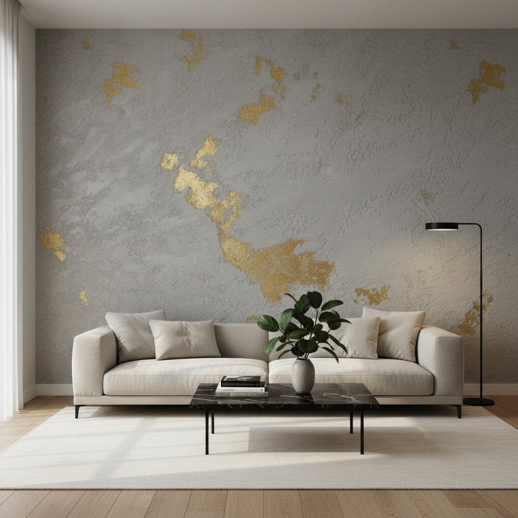 Textured gray wall with gold leaf design Marmorino and golden paint 