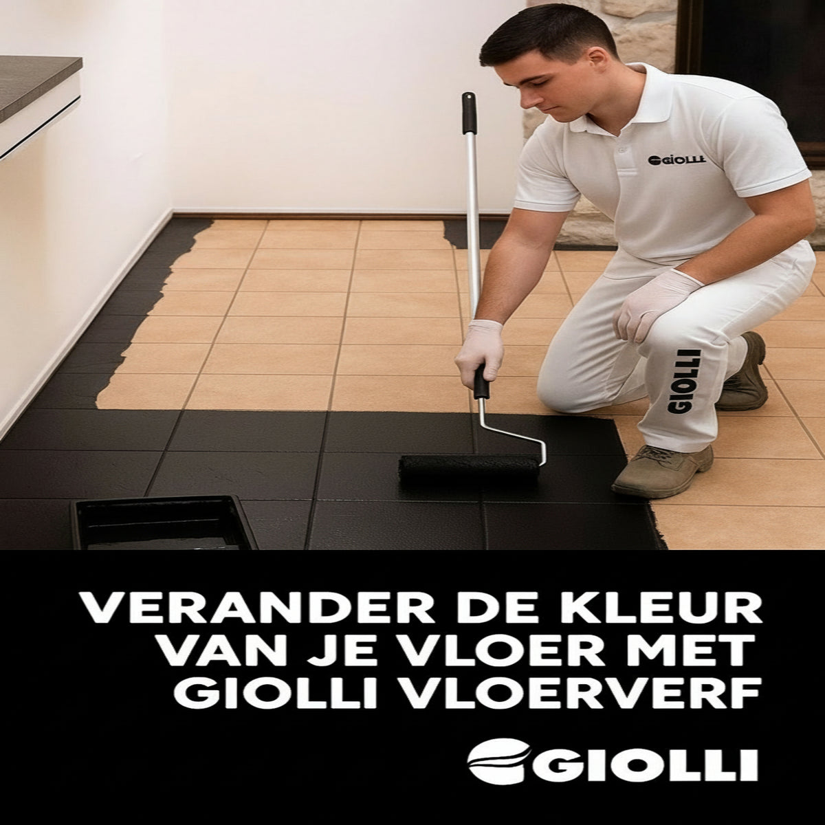  applying black floor Paint with a roller in a room setting, promoting Giolli floor  .