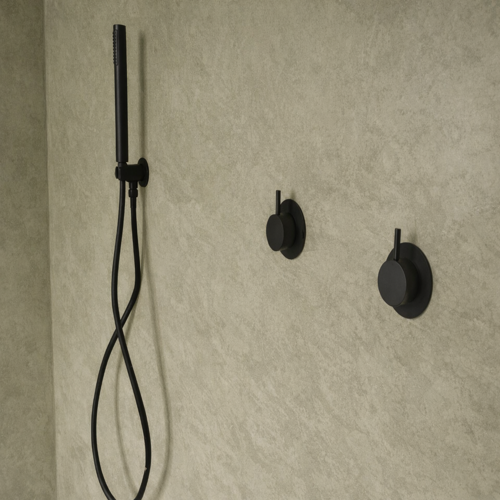 Black shower head and control handles mounted on a beige tiled Lime plaster on the tile wall.