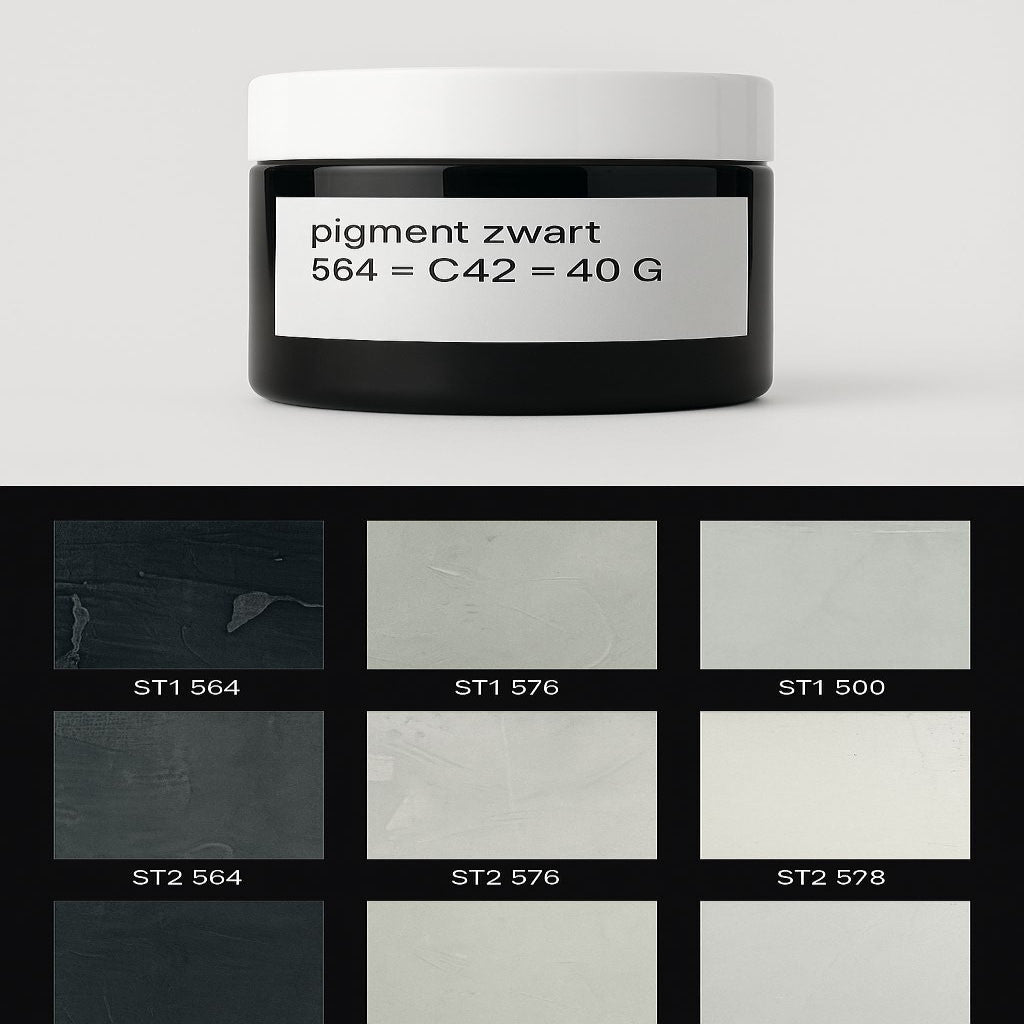 Jar of pigment with a label and color swatches below on a light gray background