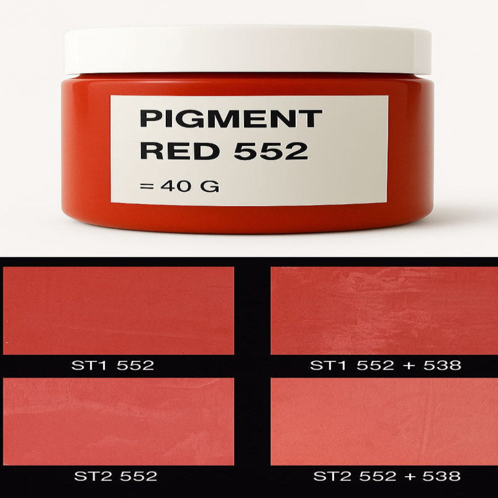 Jar of pigment red 552 with color swatches below on a white background