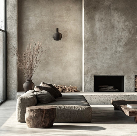 Modern living room with Travertine  and clay paint living ROOM walls, a fireplace, and minimal decor.