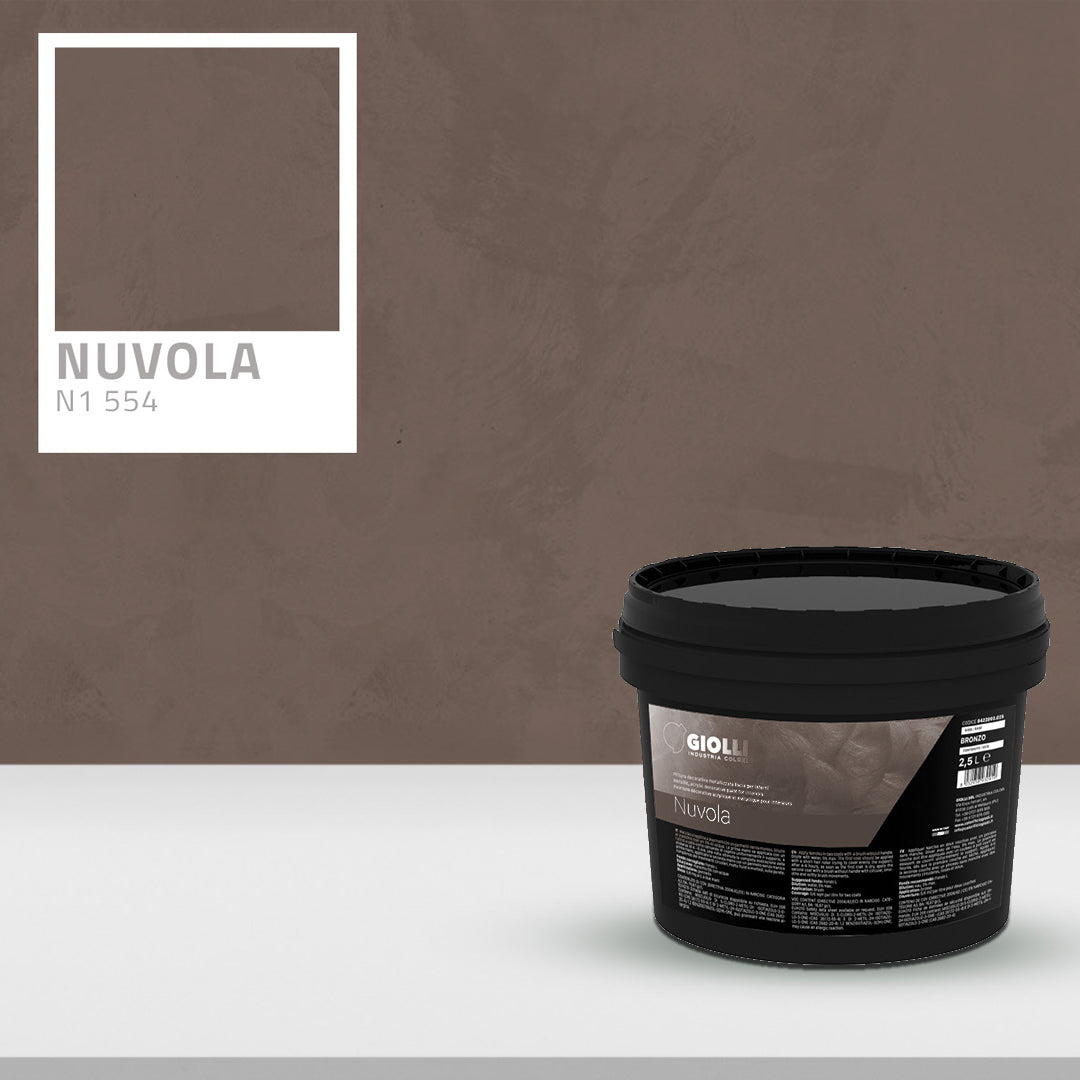 Paint container labeled 'Nuvola' with a brown color swatch on a matching background