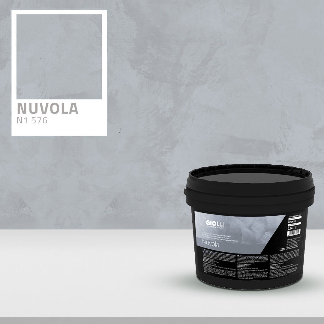Black paint bucket labeled 'Nuvola' on a gray background