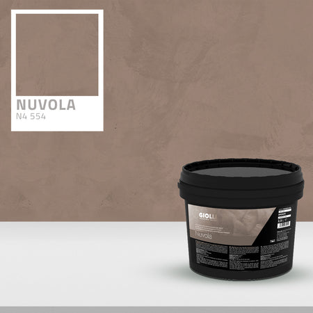 Black paint container labeled 'Nuvola' on a white surface with a brown wall background