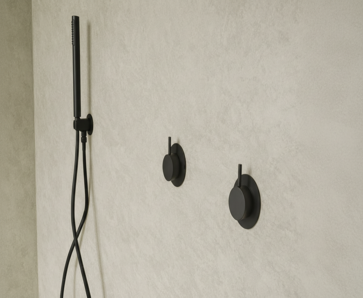 Black shower head and control handles mounted on a beige tiled wall. with microfloor Beton cere