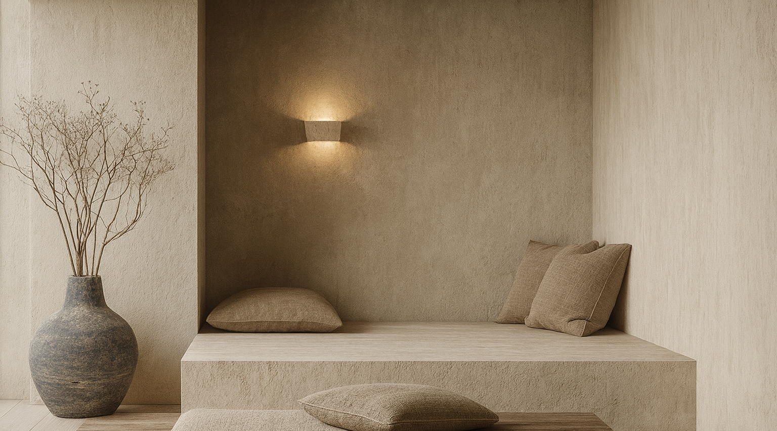 Nestled corner with a built-in bench and cushions in a neutral-toned room.