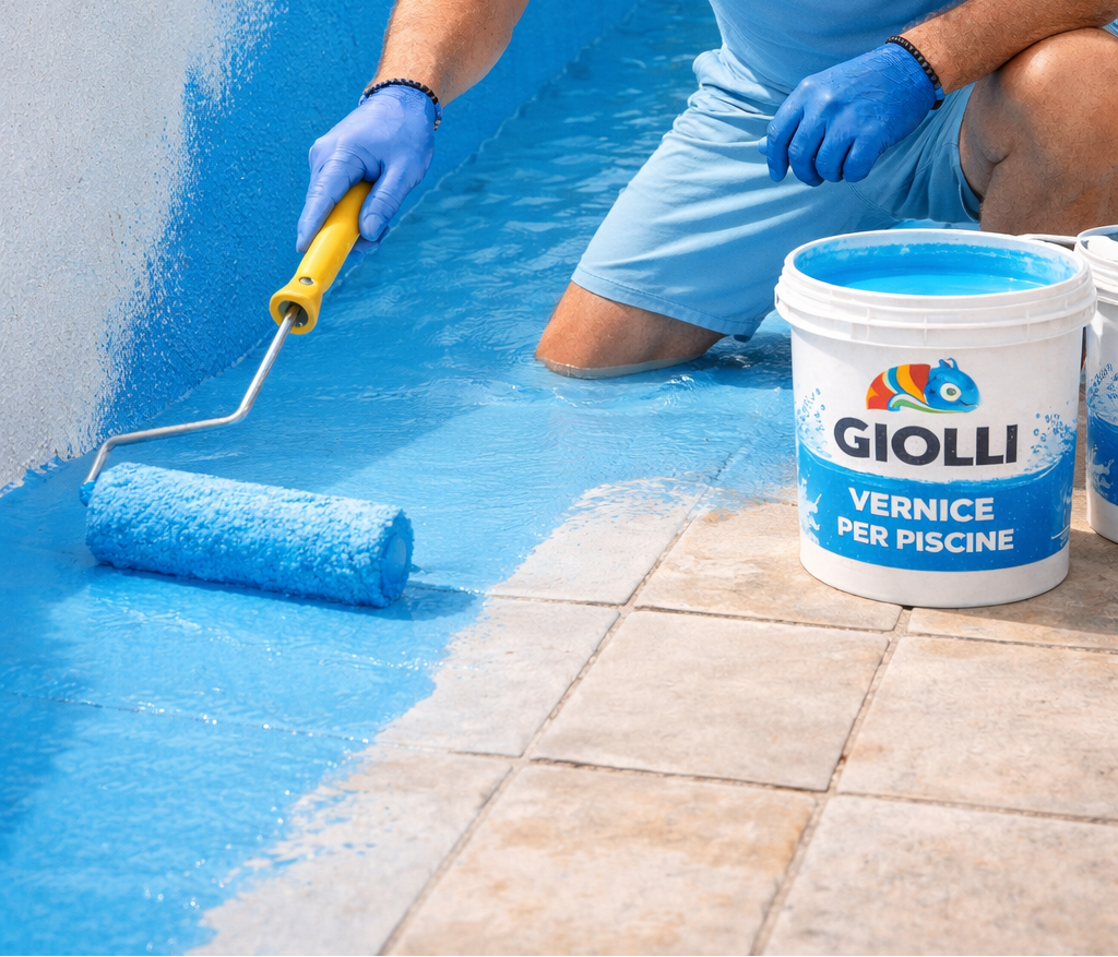 Man applying blue paint to a pool using a roller, wearing a Giolfi branded shirt.