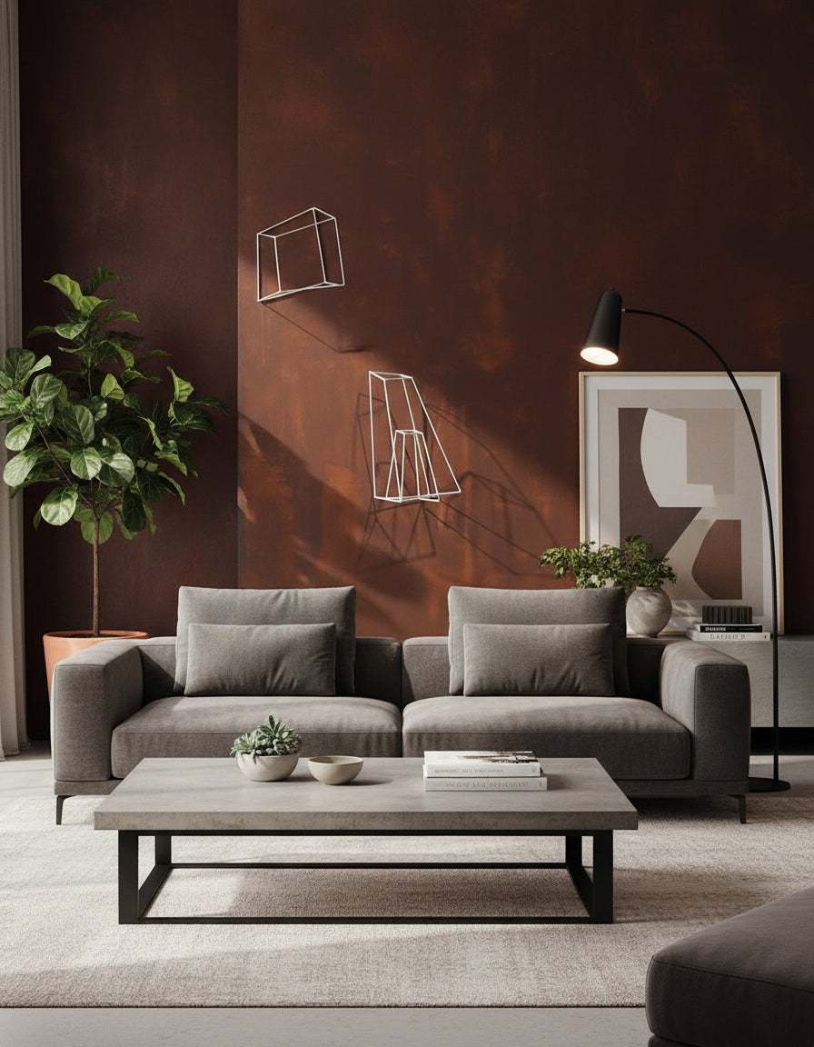 Modern wireframe sculptures against a textured old rust ,oxidant wall 