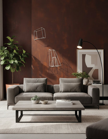 Modern wireframe sculptures against a textured old rust ,oxidant wall 