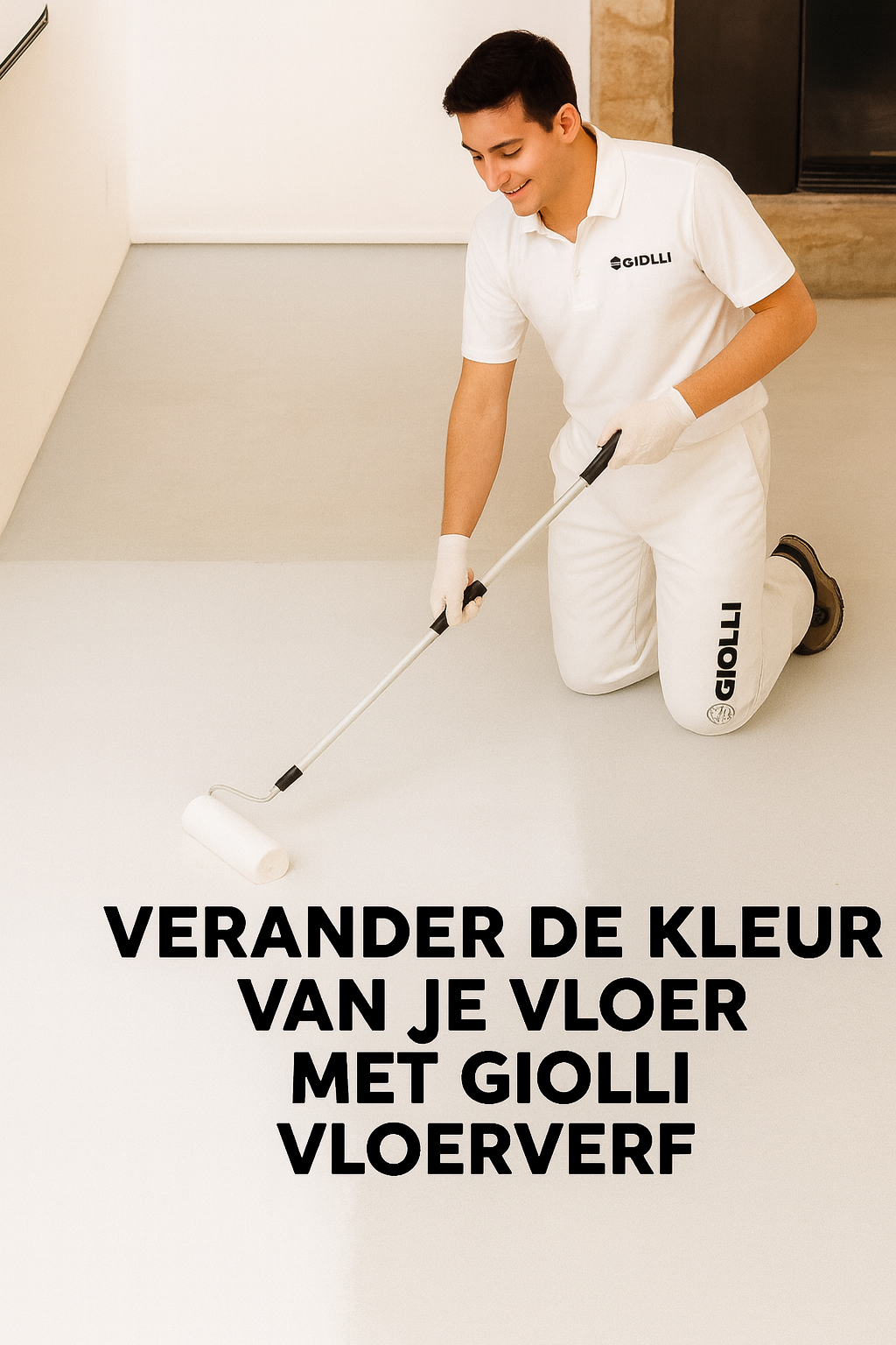  applying floor paint with a roller in a room,  Giolli Floor.