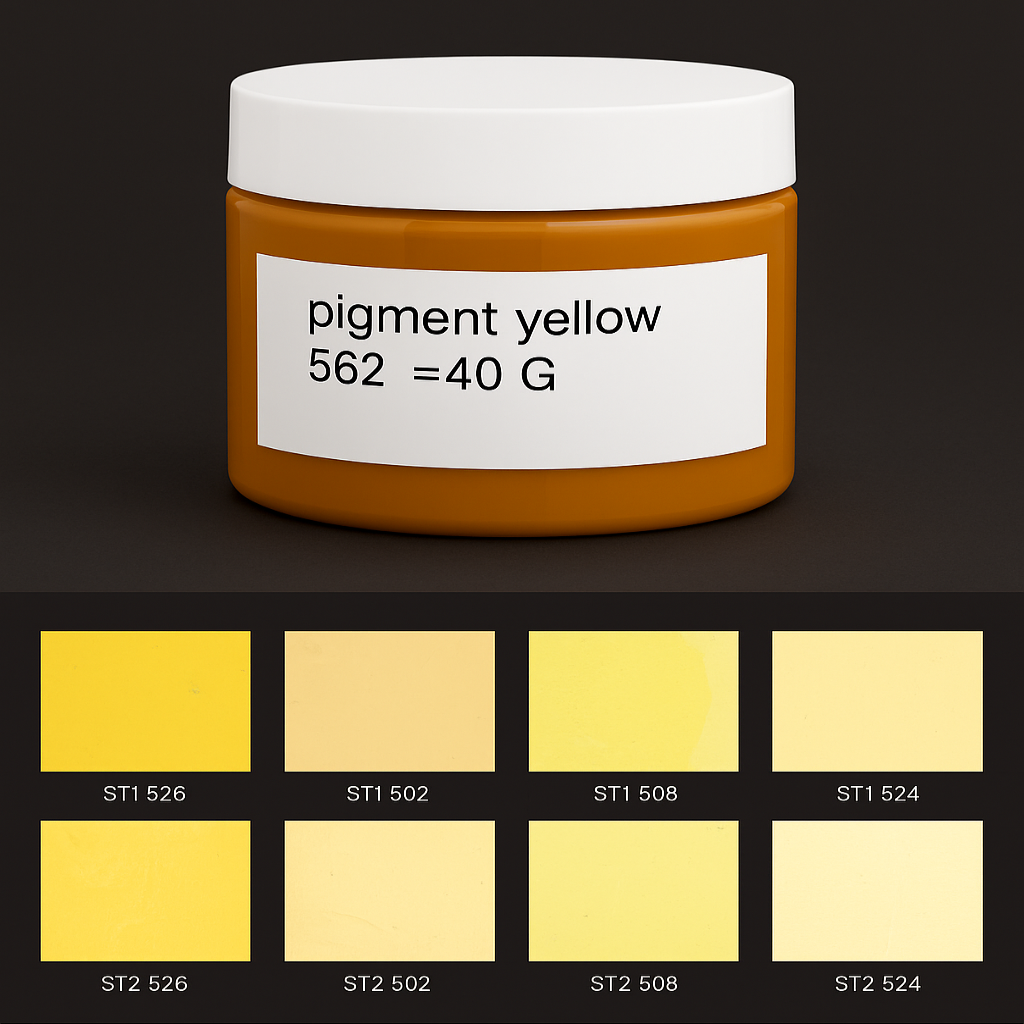 Jar of pigment yellow with color swatches below on a dark background